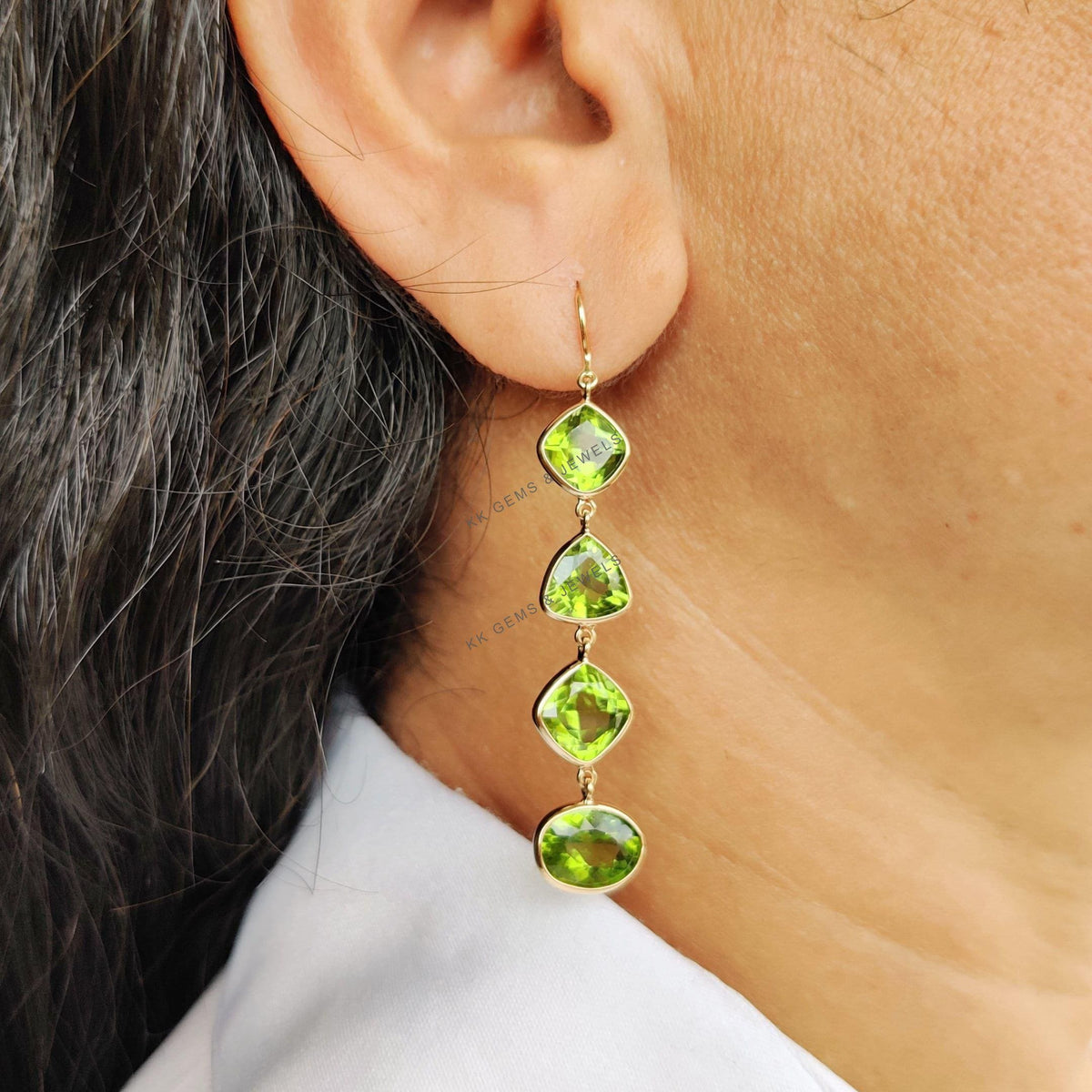 14K Solid Gold Natural Peridot Dangle Earrings, August Birthstone