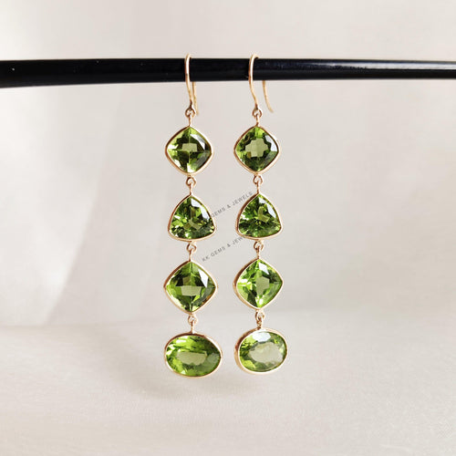 14K Solid Gold Natural Peridot Dangle Earrings, August Birthstone