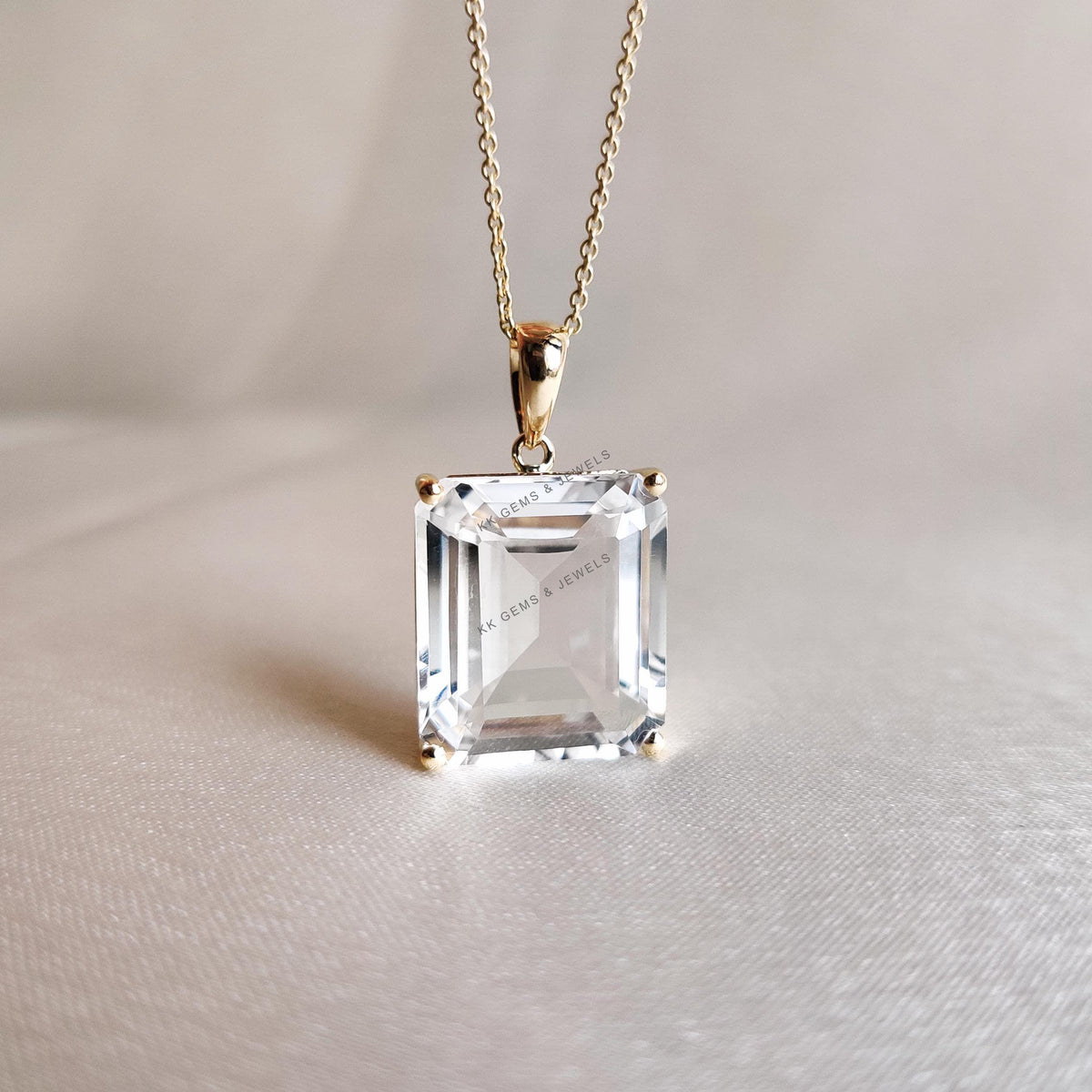 14K Solid Yellow Gold Natural White Topaz Octagon Pendant, November Birthstone