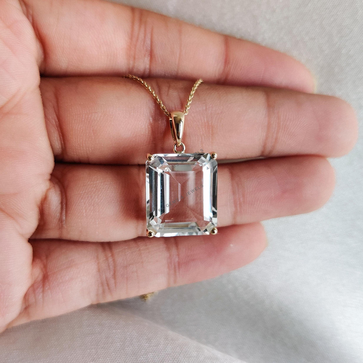 14K Solid Yellow Gold Natural White Topaz Octagon Pendant, November Birthstone