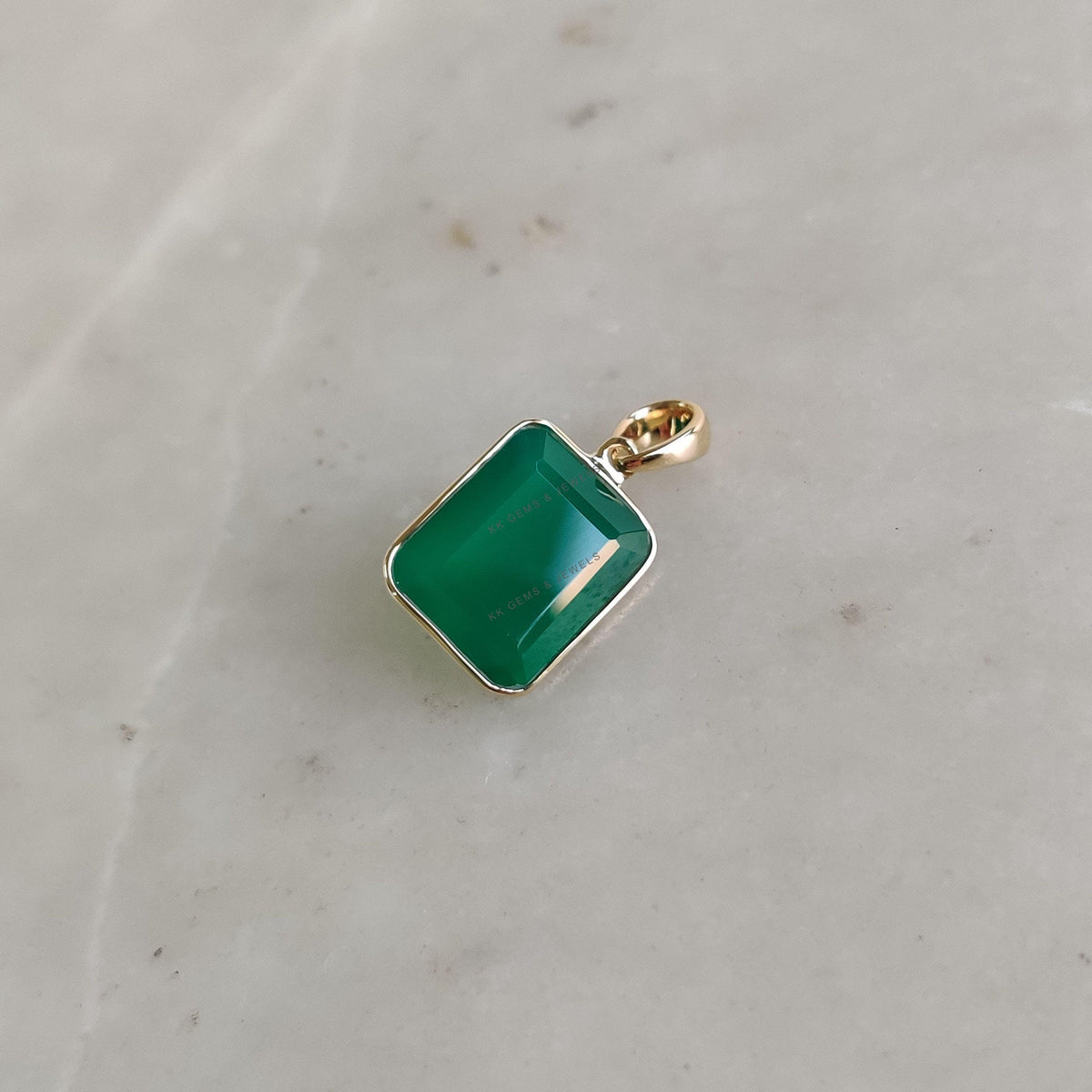 14K Solid Yellow Gold Natural Green Onyx Pendant, May Birthstone Bezel Jewelry