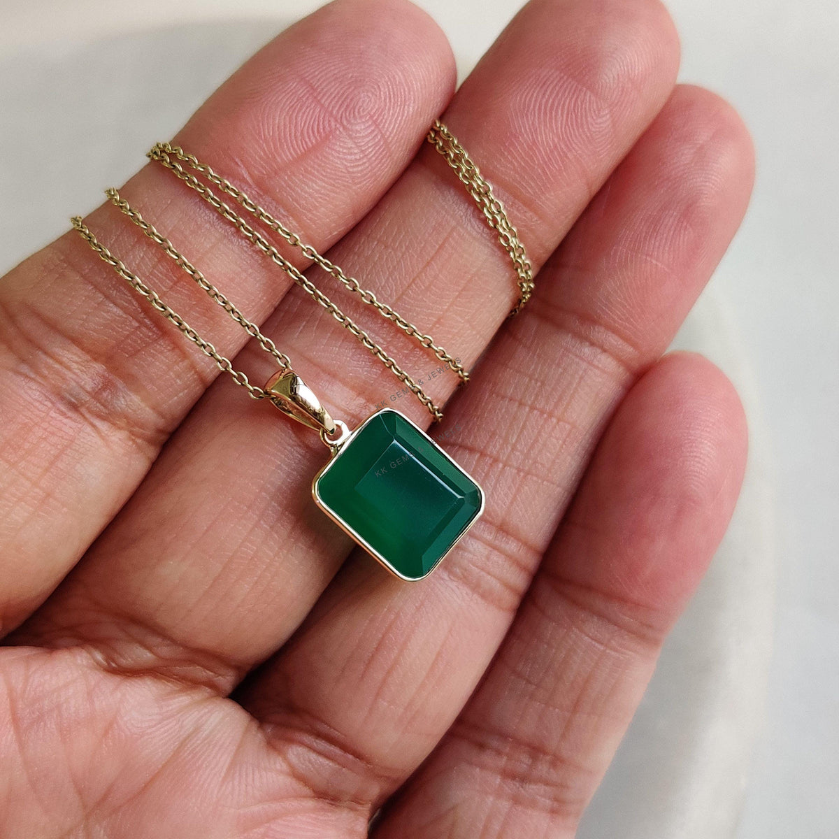 14K Solid Yellow Gold Natural Green Onyx Pendant, May Birthstone Bezel Jewelry