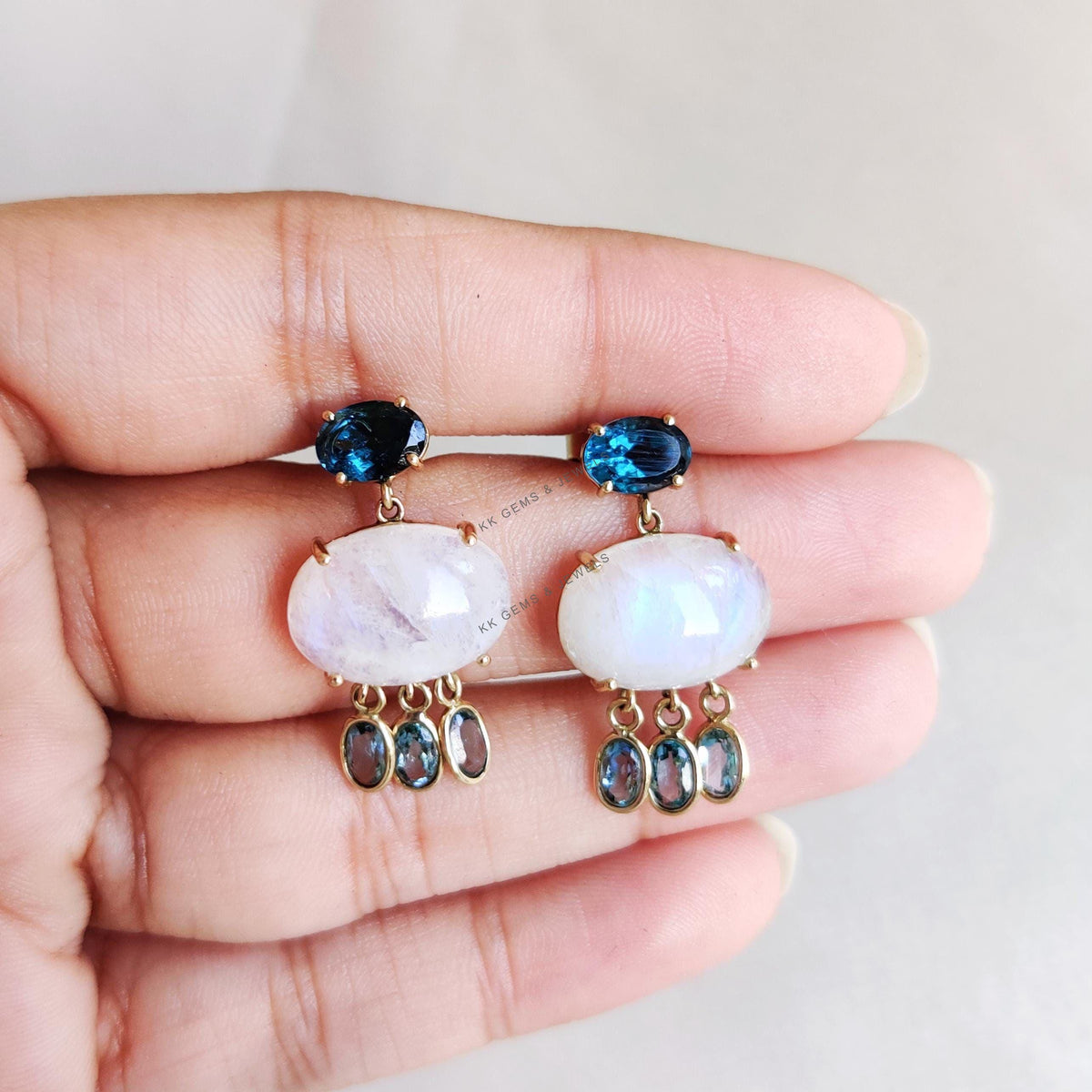 14K Solid Yellow Gold Natural Rainbow Moonstone & Blue Topaz Earring, June Birthstone