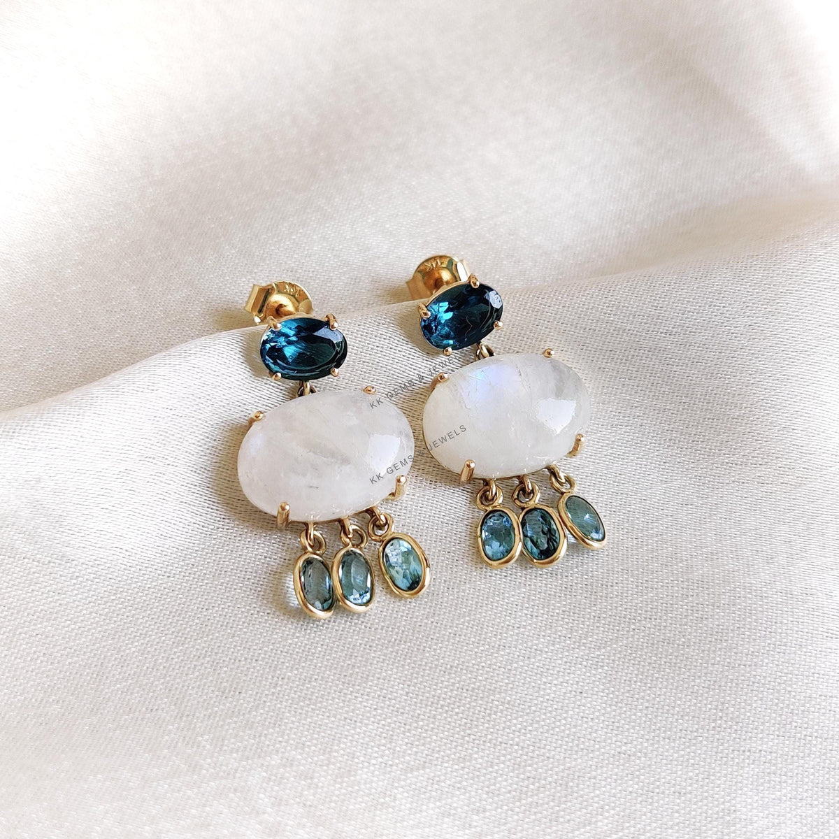 14K Solid Yellow Gold Natural Rainbow Moonstone & Blue Topaz Earring, June Birthstone