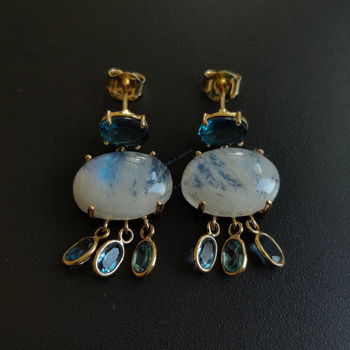 14K Solid Yellow Gold Natural Rainbow Moonstone & Blue Topaz Earring, June Birthstone