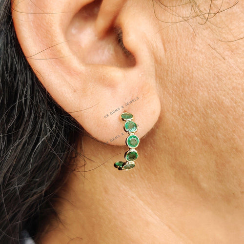 14K Solid Gold Natural Emerald Hoop Earrings, May Birthstone