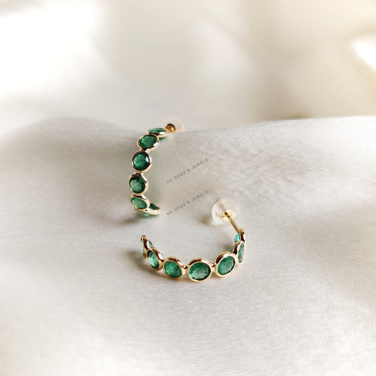 14K Solid Gold Natural Emerald Hoop Earrings, May Birthstone