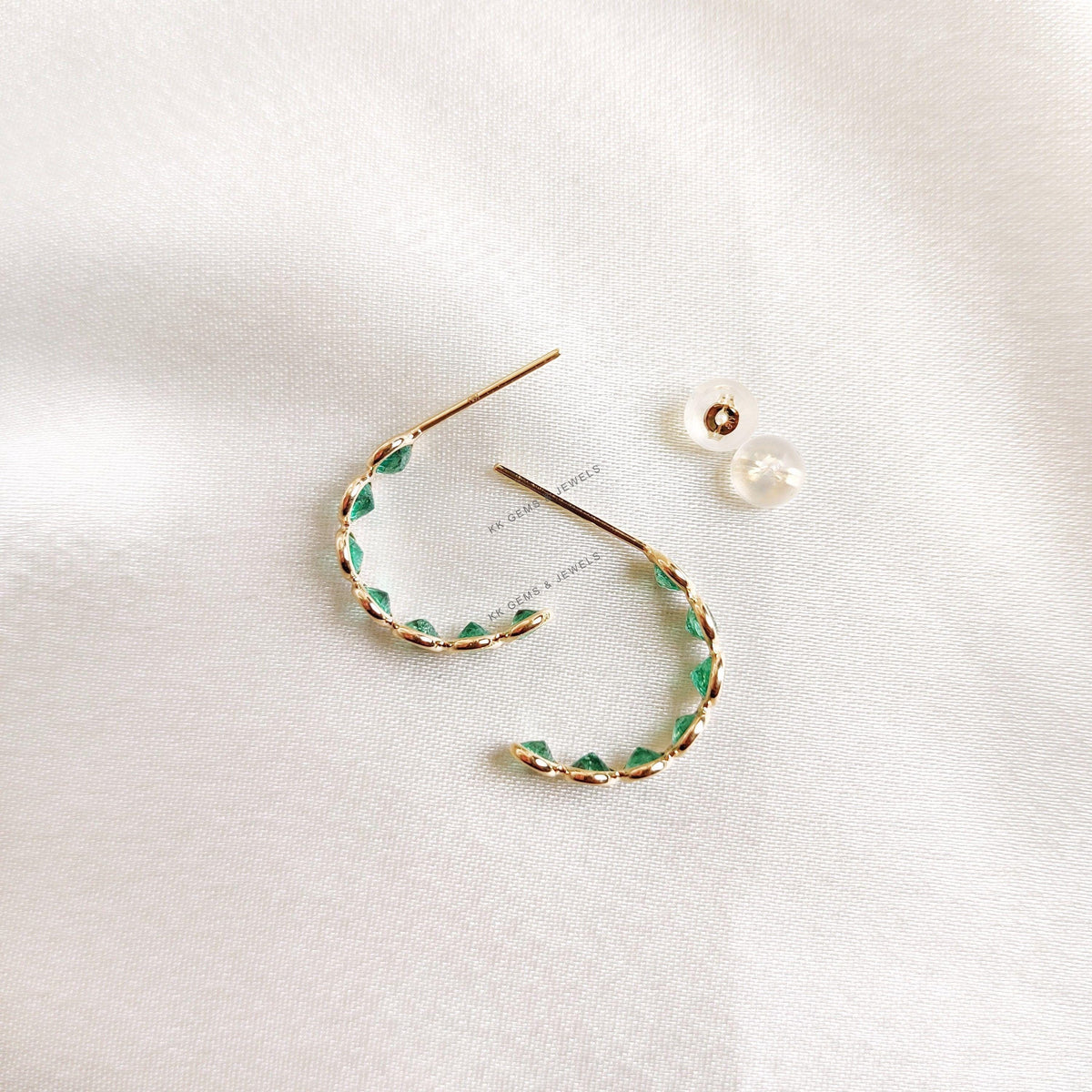 14K Solid Gold Natural Emerald Hoop Earrings, May Birthstone