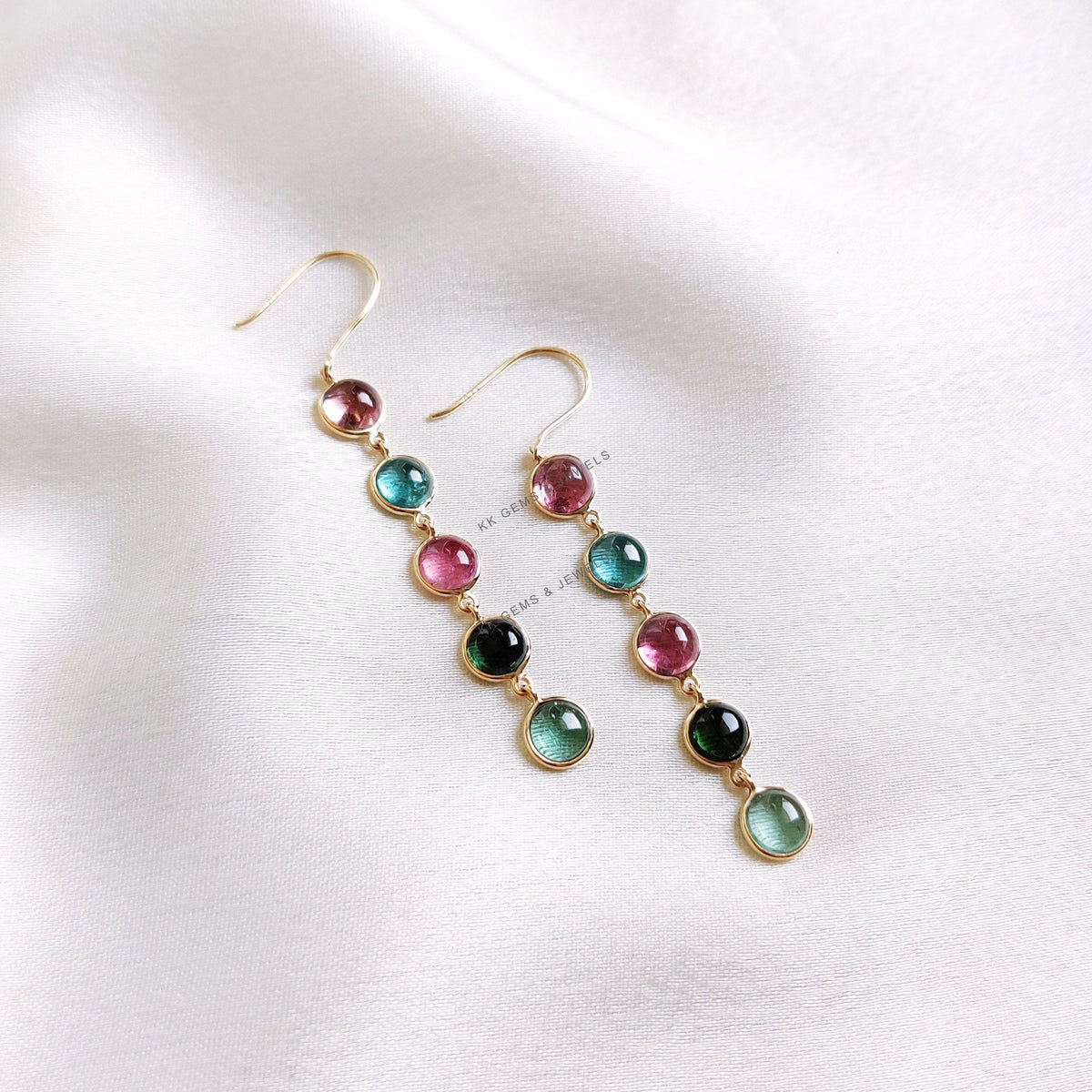 14K Solid Yellow Gold Natural Multi Tourmaline Bezel Earrings, October Birthstone