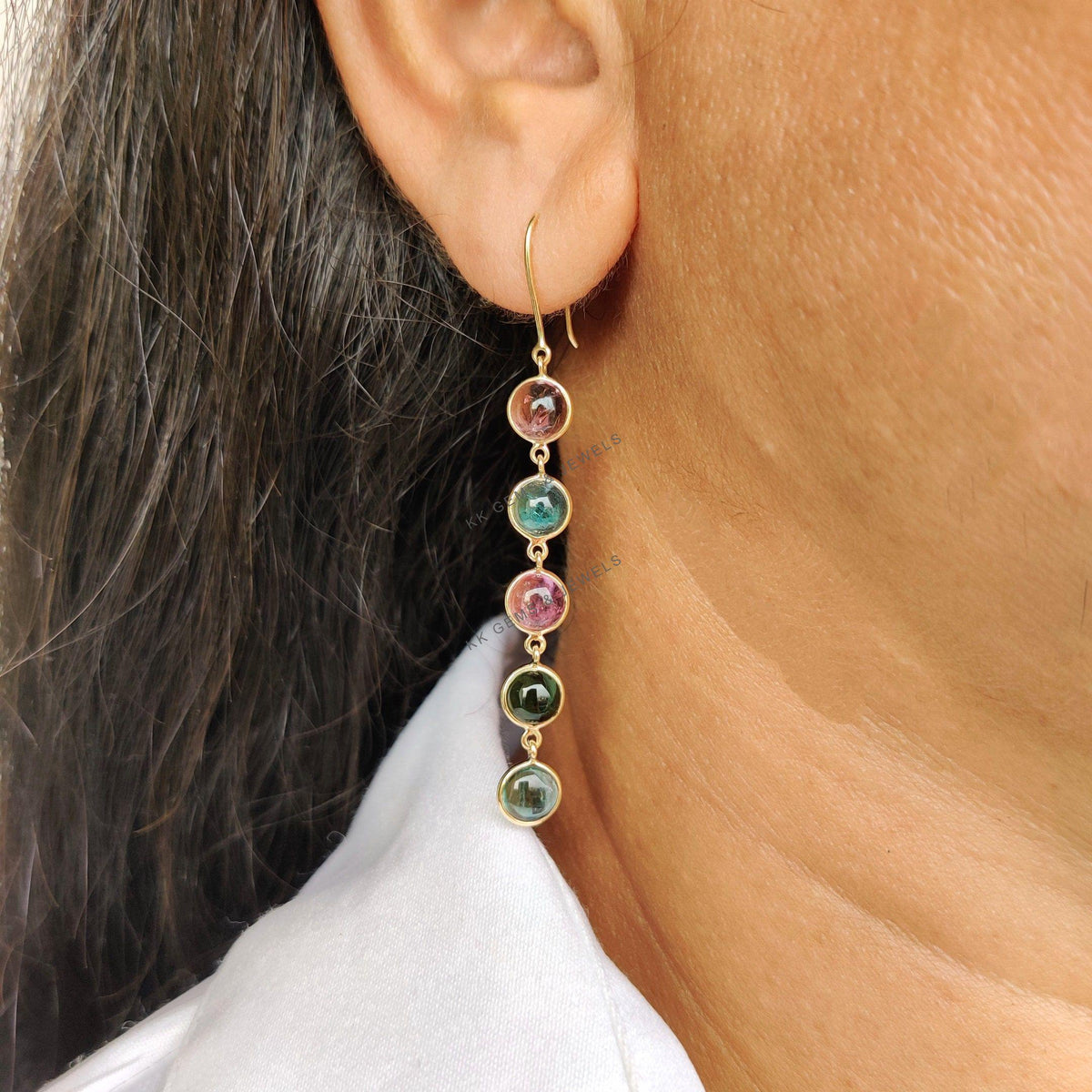 14K Solid Yellow Gold Natural Multi Tourmaline Bezel Earrings, October Birthstone