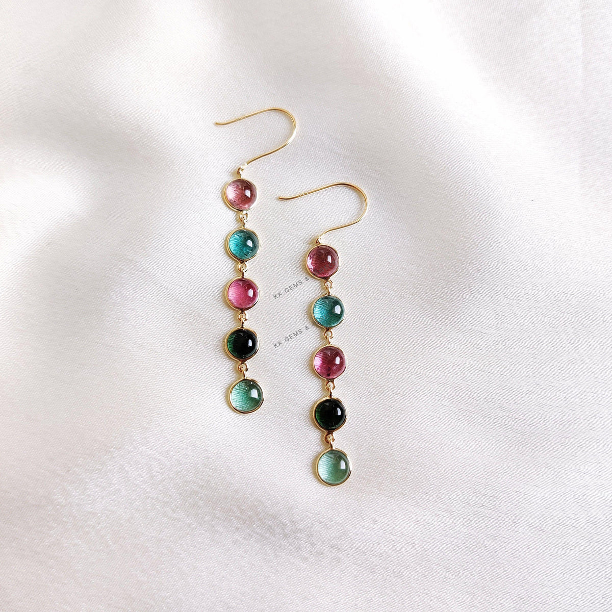 14K Solid Yellow Gold Natural Multi Tourmaline Bezel Earrings, October Birthstone
