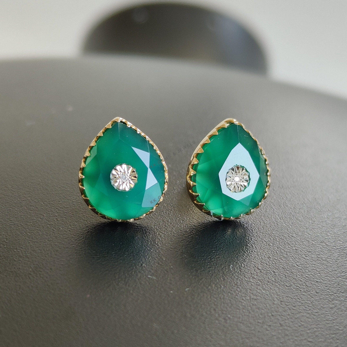 Natural Green Onyx Diamond Earrings, 14K Solid Yellow Gold Stud Earrings, May Birthstone