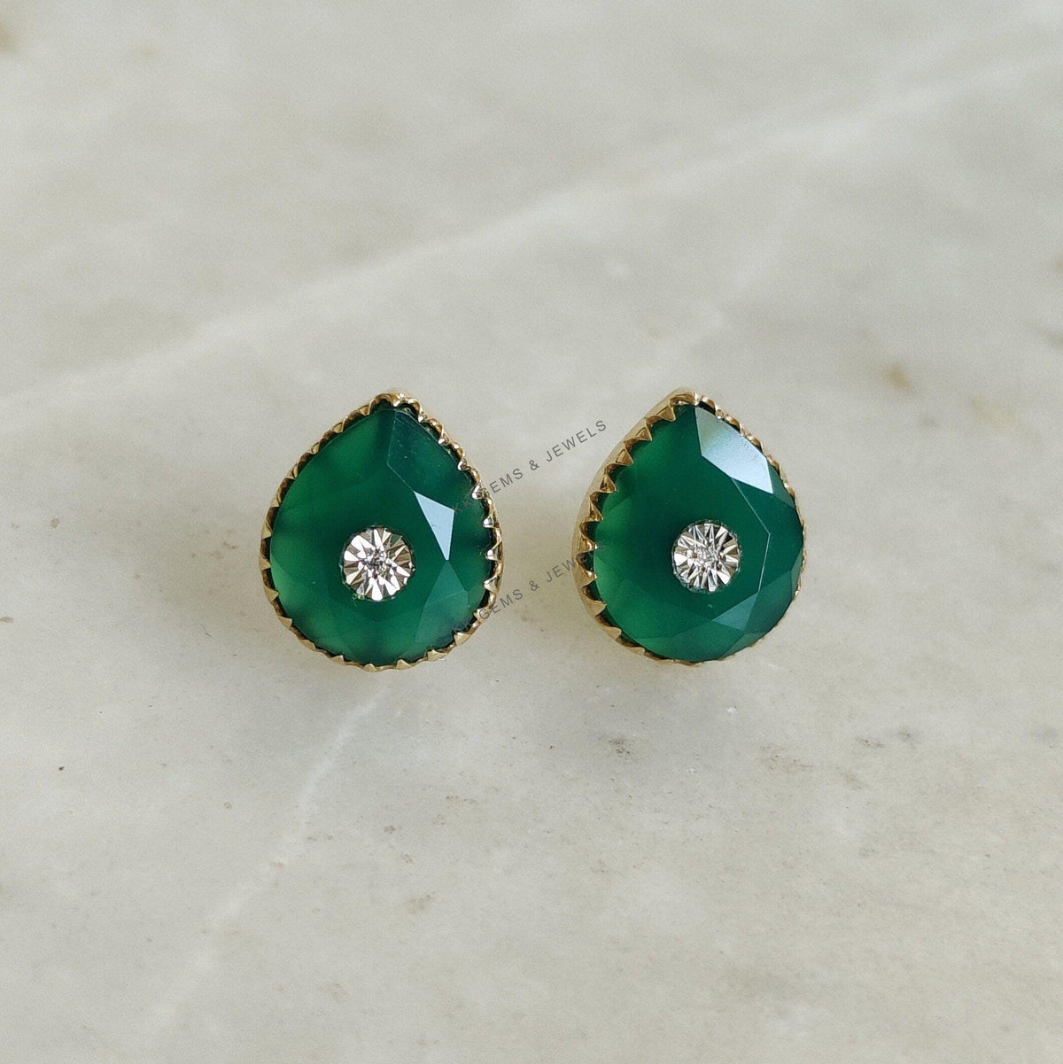 Natural Green Onyx Diamond Earrings, 14K Solid Yellow Gold Stud Earrings, May Birthstone