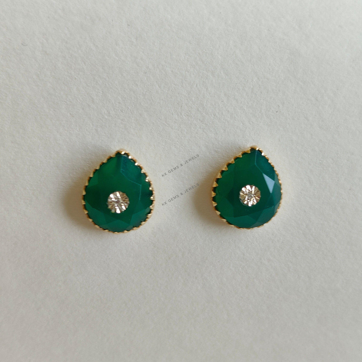 Natural Green Onyx Diamond Earrings, 14K Solid Yellow Gold Stud Earrings, May Birthstone