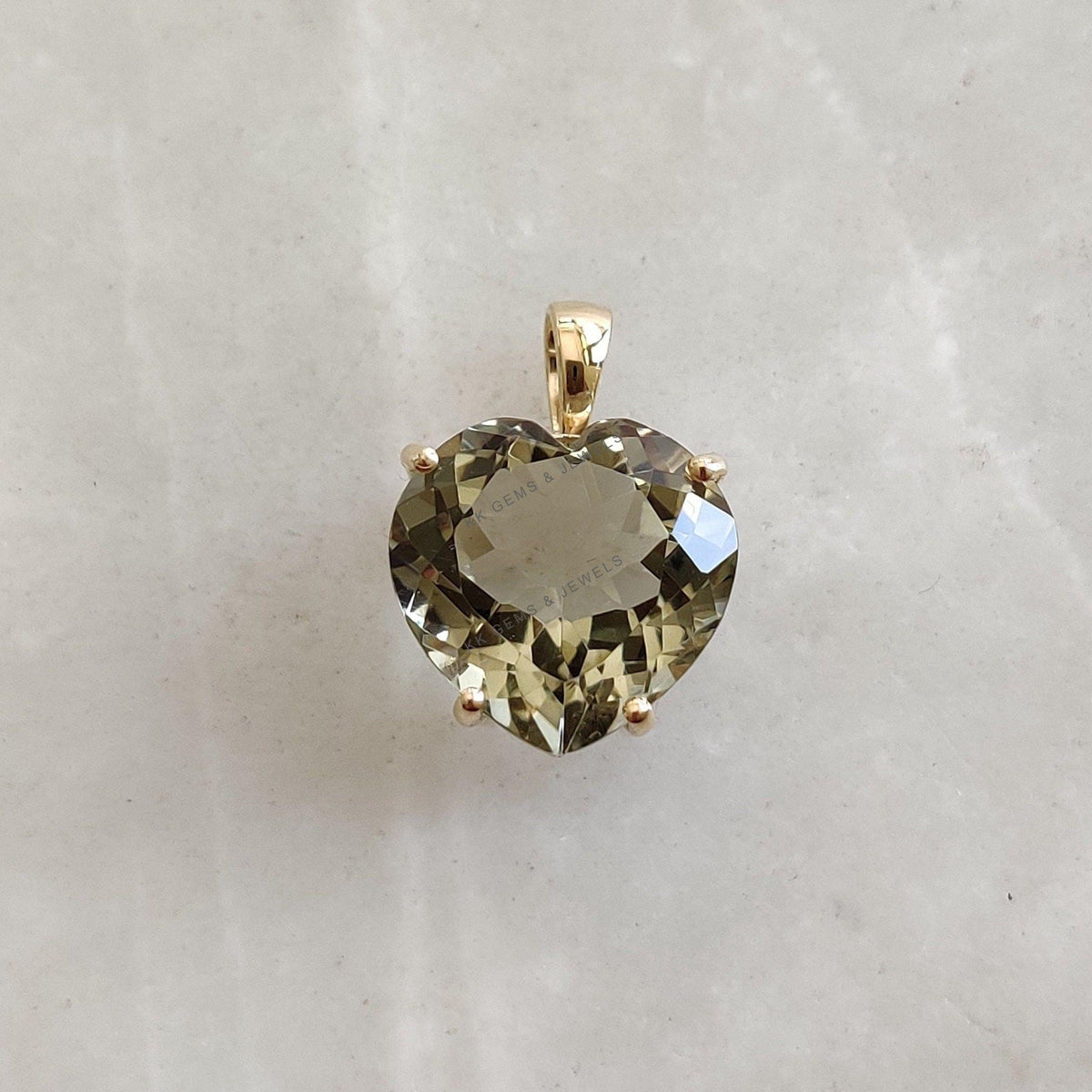 14K Solid Gold Natural Green Amethyst Heart Pendant, February Birthstone