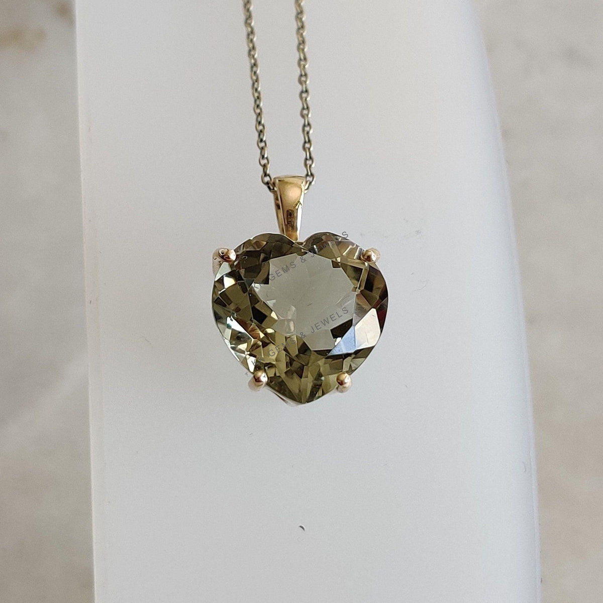 14K Solid Gold Natural Green Amethyst Heart Pendant, February Birthstone