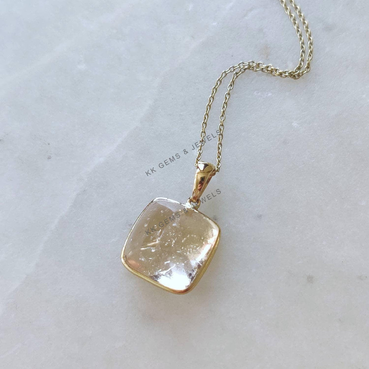 14K Solid Yellow Gold Natural Morganite Pendant, Square Cushion Cut, November Birthstone