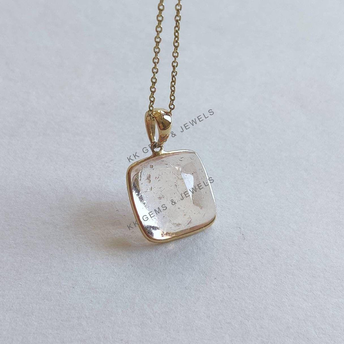 14K Solid Yellow Gold Natural Morganite Pendant, Square Cushion Cut, November Birthstone