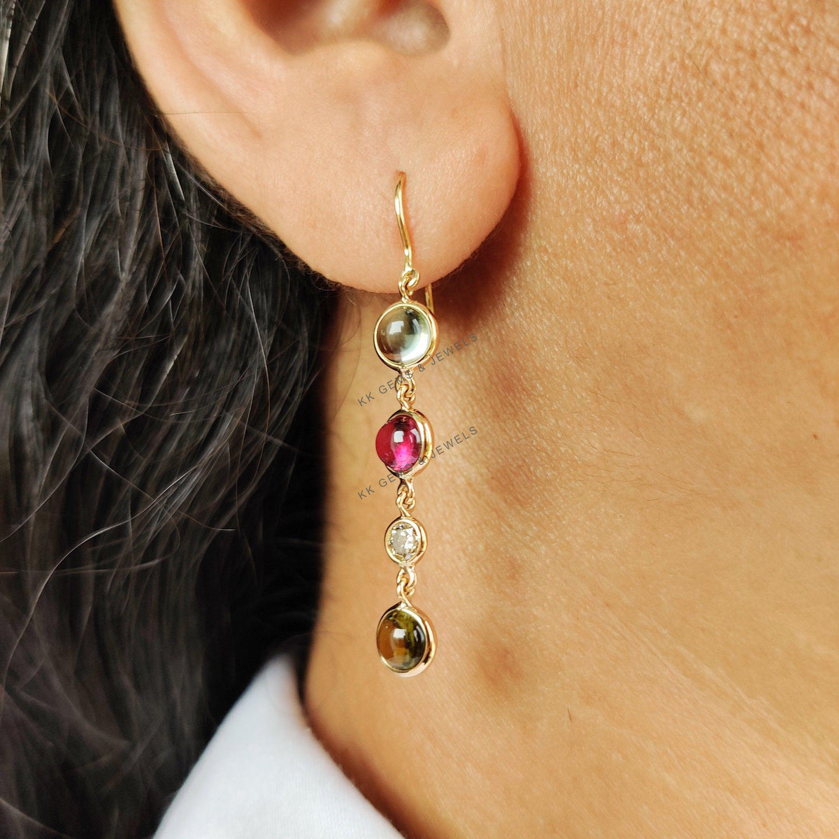 Natural Multi Tourmaline & Diamond Bezel Earrings, 14K Solid Gold Dangle Earrings