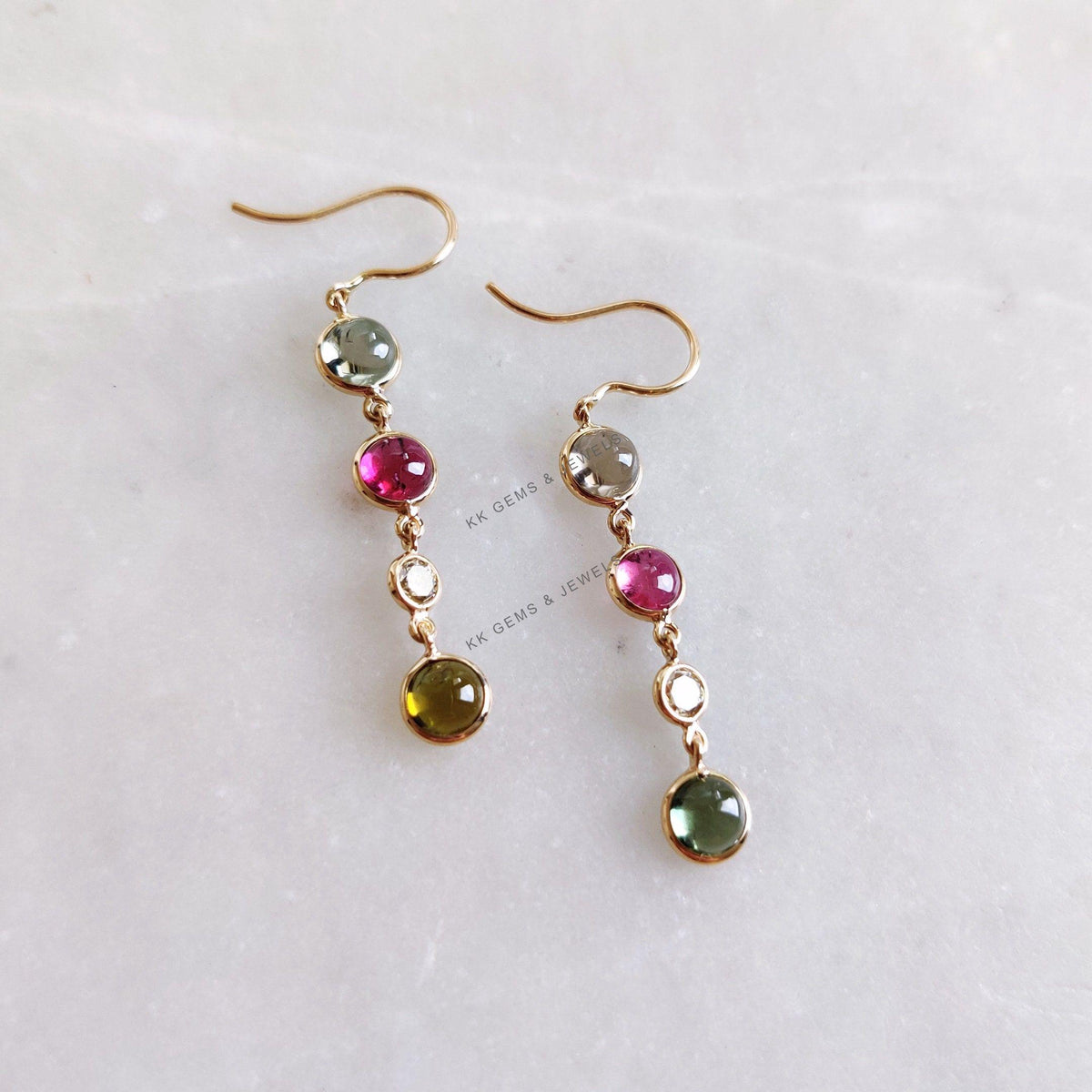 Natural Multi Tourmaline & Diamond Bezel Earrings, 14K Solid Gold Dangle Earrings