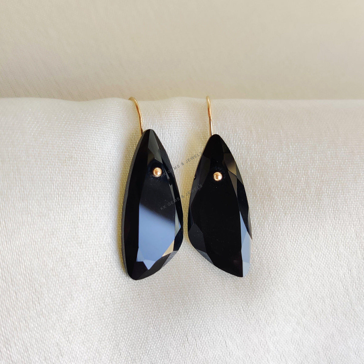 14K Solid Yellow Gold Natural Black Onyx Drill Earrings, December Birthstone