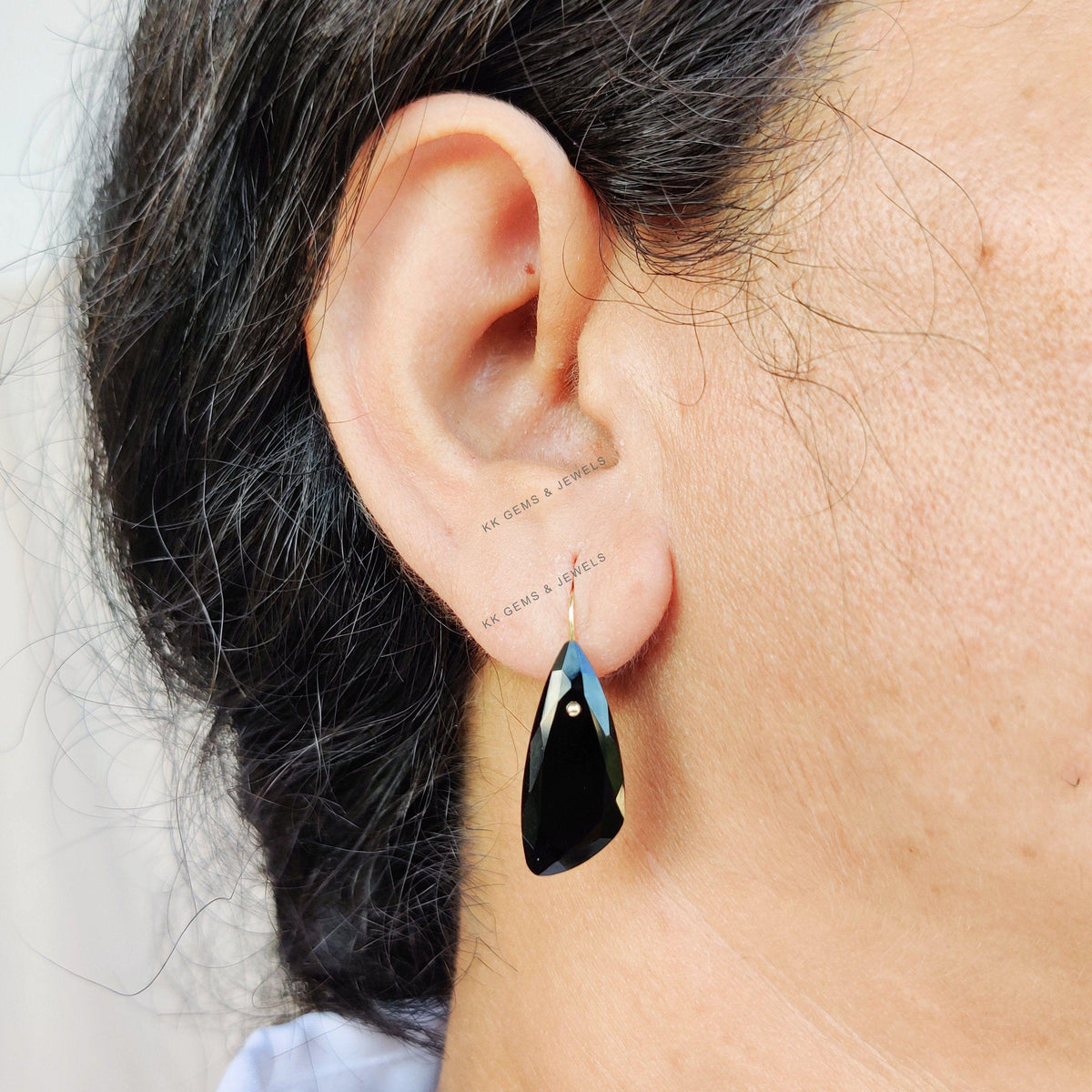 14K Solid Yellow Gold Natural Black Onyx Drill Earrings, December Birthstone