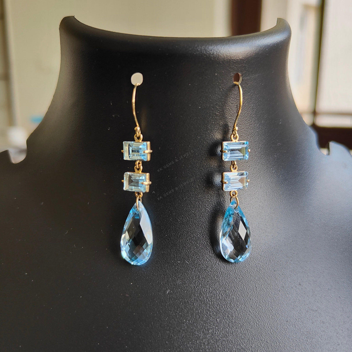 14K Solid Yellow Gold Natural Sky Blue Topaz Drop Earrings, December Birthstone