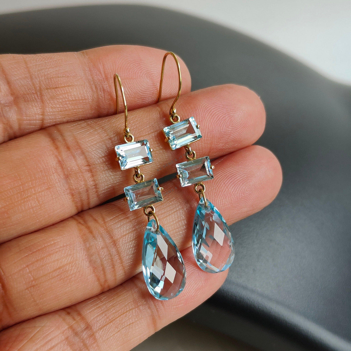 14K Solid Yellow Gold Natural Sky Blue Topaz Drop Earrings, December Birthstone