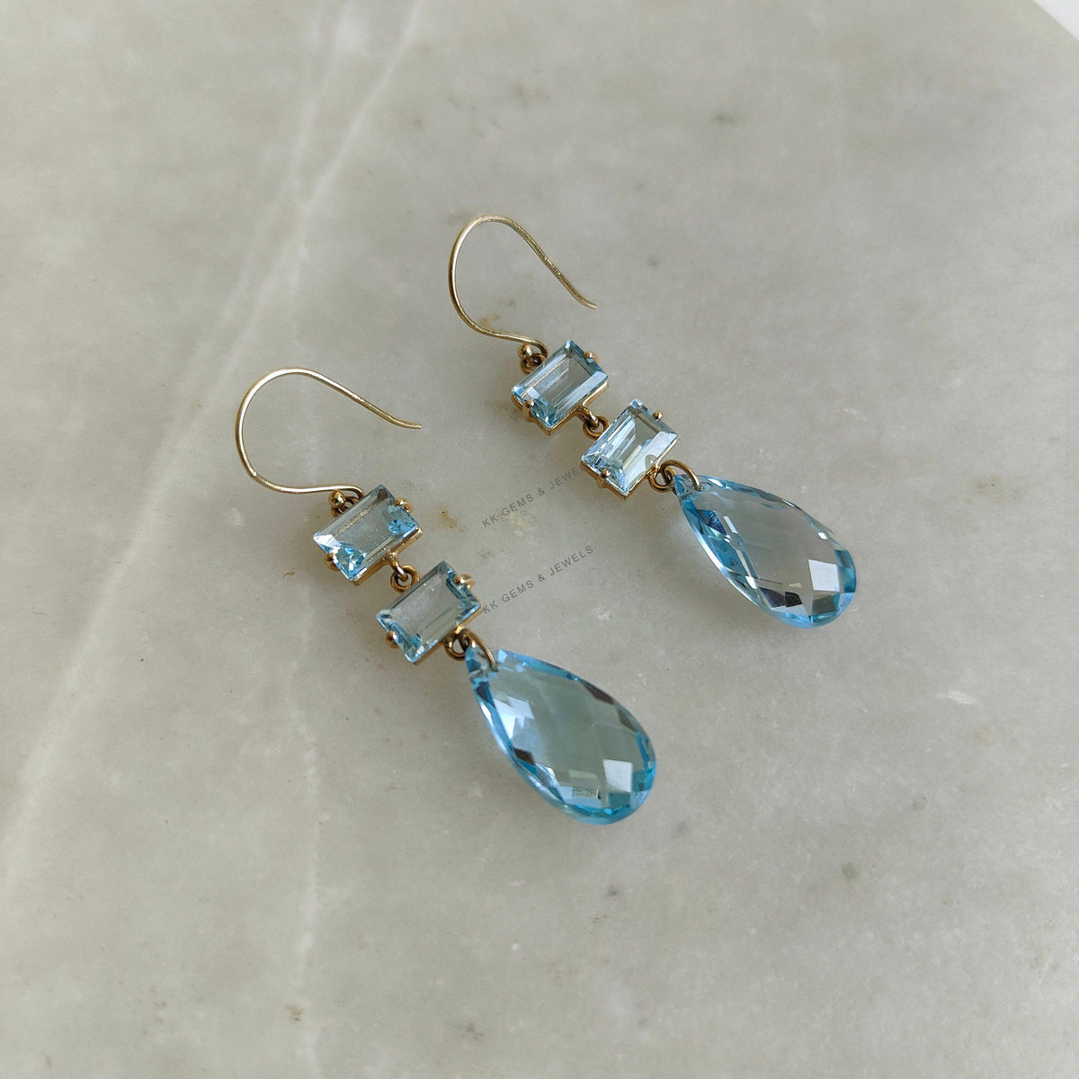 14K Solid Yellow Gold Natural Sky Blue Topaz Drop Earrings, December Birthstone