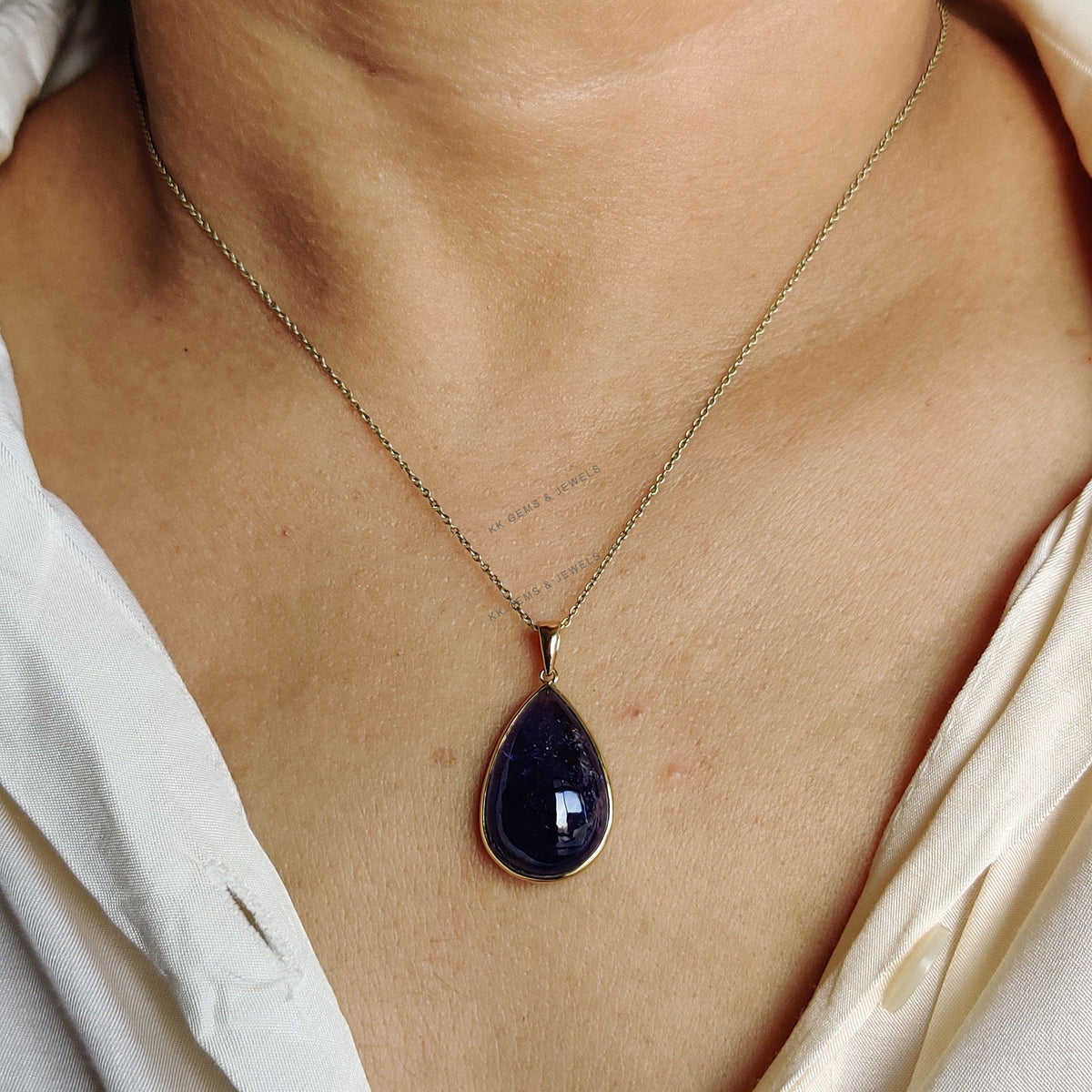 Pear Natural Tanzanite Pendant, 14K Solid Yellow Gold Bezel Pendant, December Birthstone