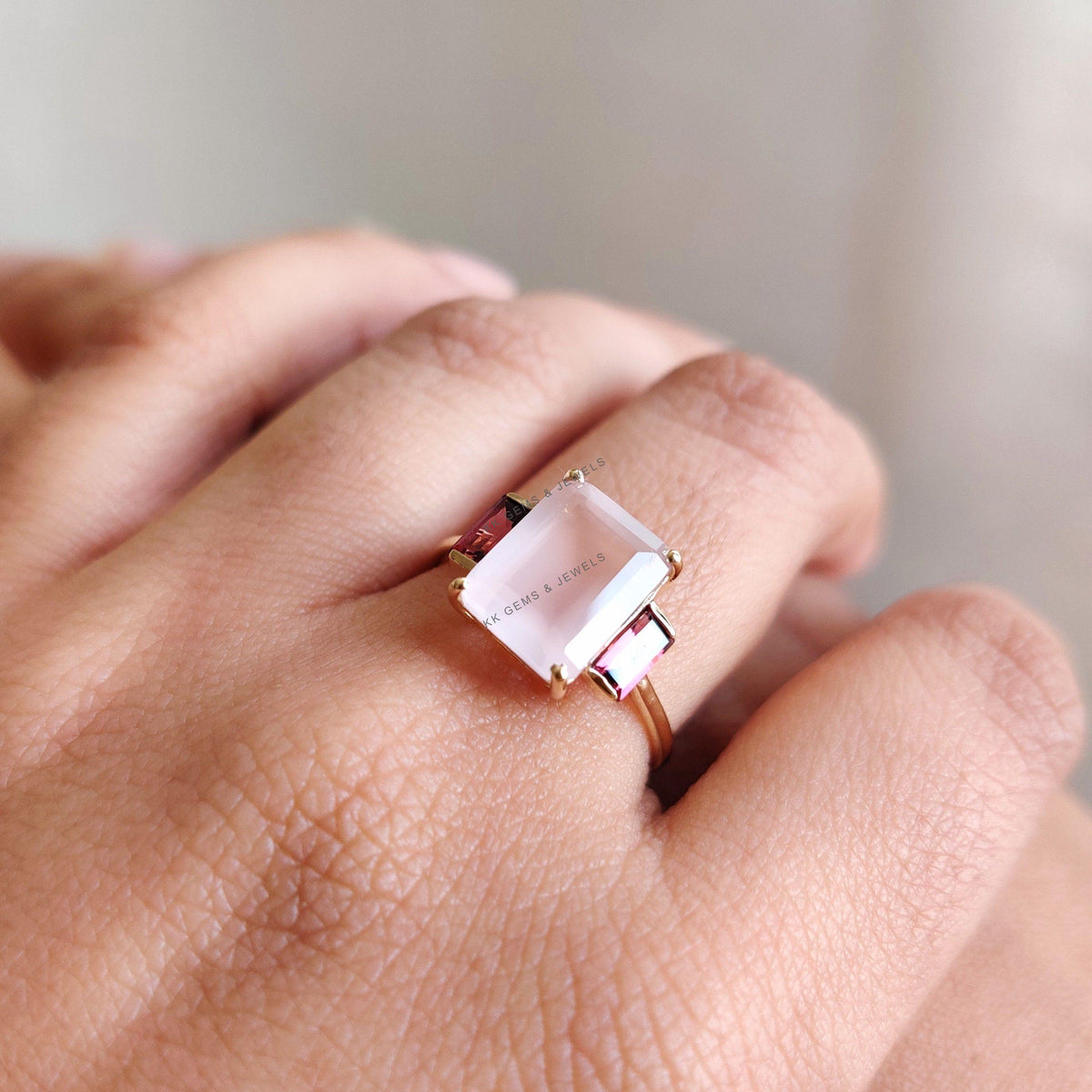14K Solid Gold Natural Rose Quartz & Rhodolite Garnet Octagon Ring, Multi Stone Wedding Jewelry
