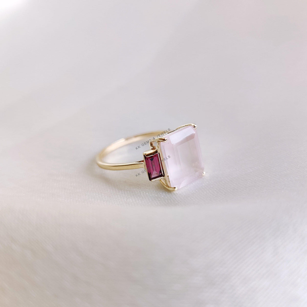 14K Solid Gold Natural Rose Quartz & Rhodolite Garnet Octagon Ring, Multi Stone Wedding Jewelry