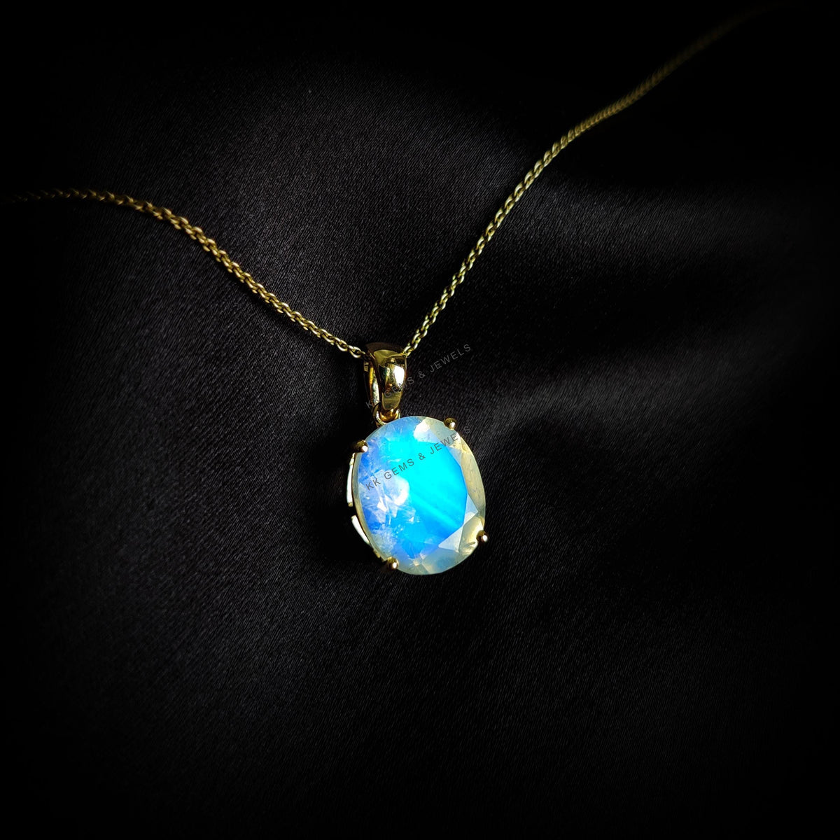 Natural Rainbow Moonstone Prong Pendant, 14K Solid Yellow Gold, June Birthstone