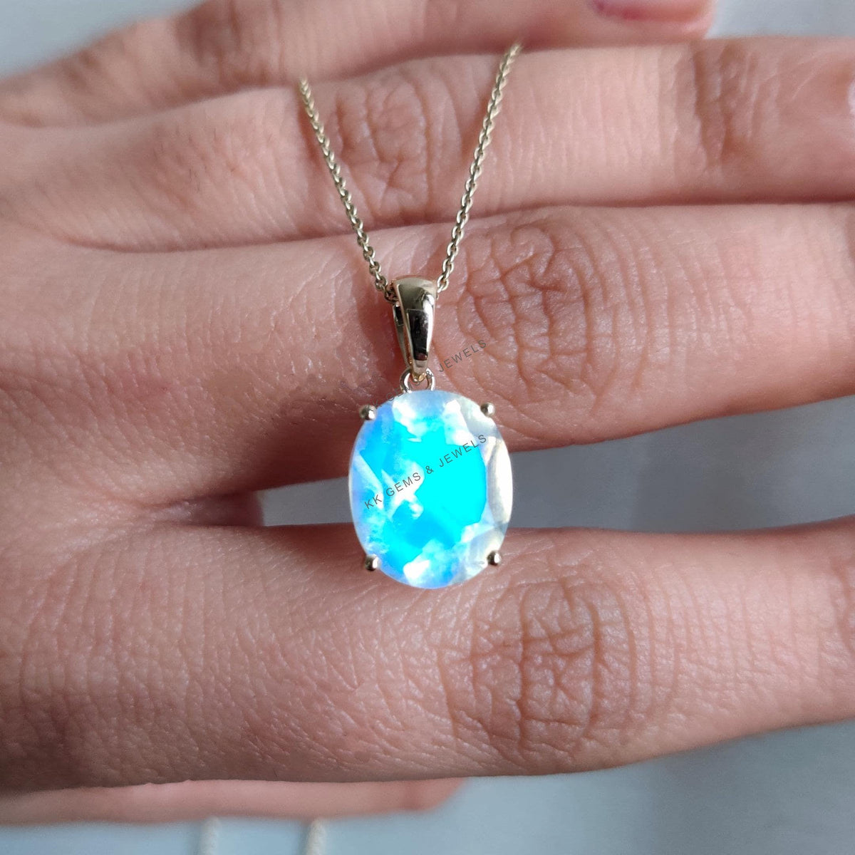 Natural Rainbow Moonstone Prong Pendant, 14K Solid Yellow Gold, June Birthstone