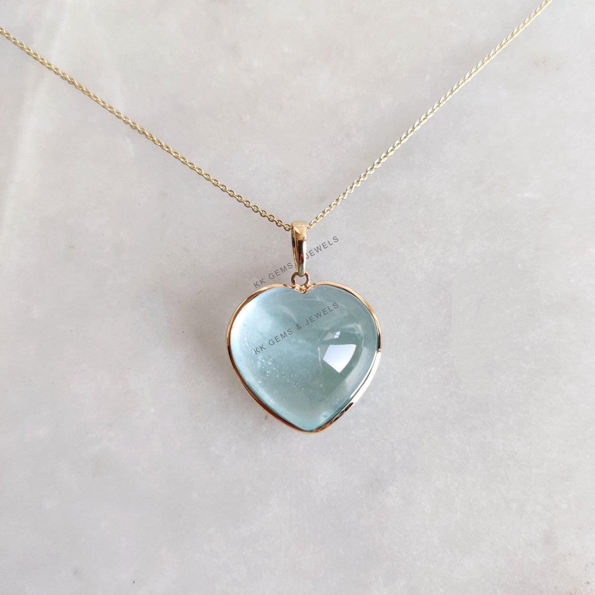 14K Solid Yellow Gold Natural Aquamarine Heart Pendant, March Birthstone