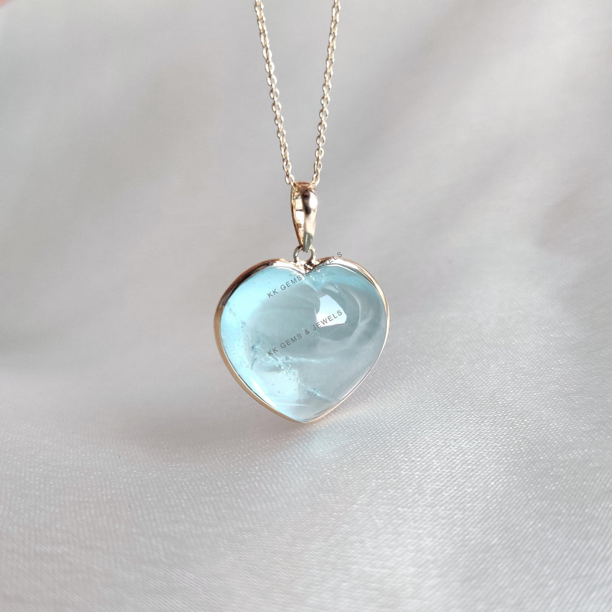 14K Solid Yellow Gold Natural Aquamarine Heart Pendant, March Birthstone