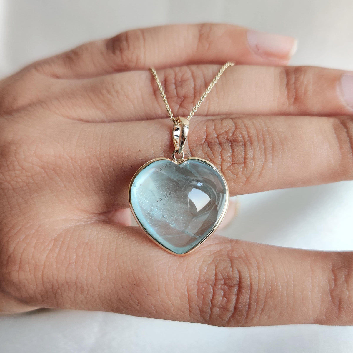 14K Solid Yellow Gold Natural Aquamarine Heart Pendant, March Birthstone