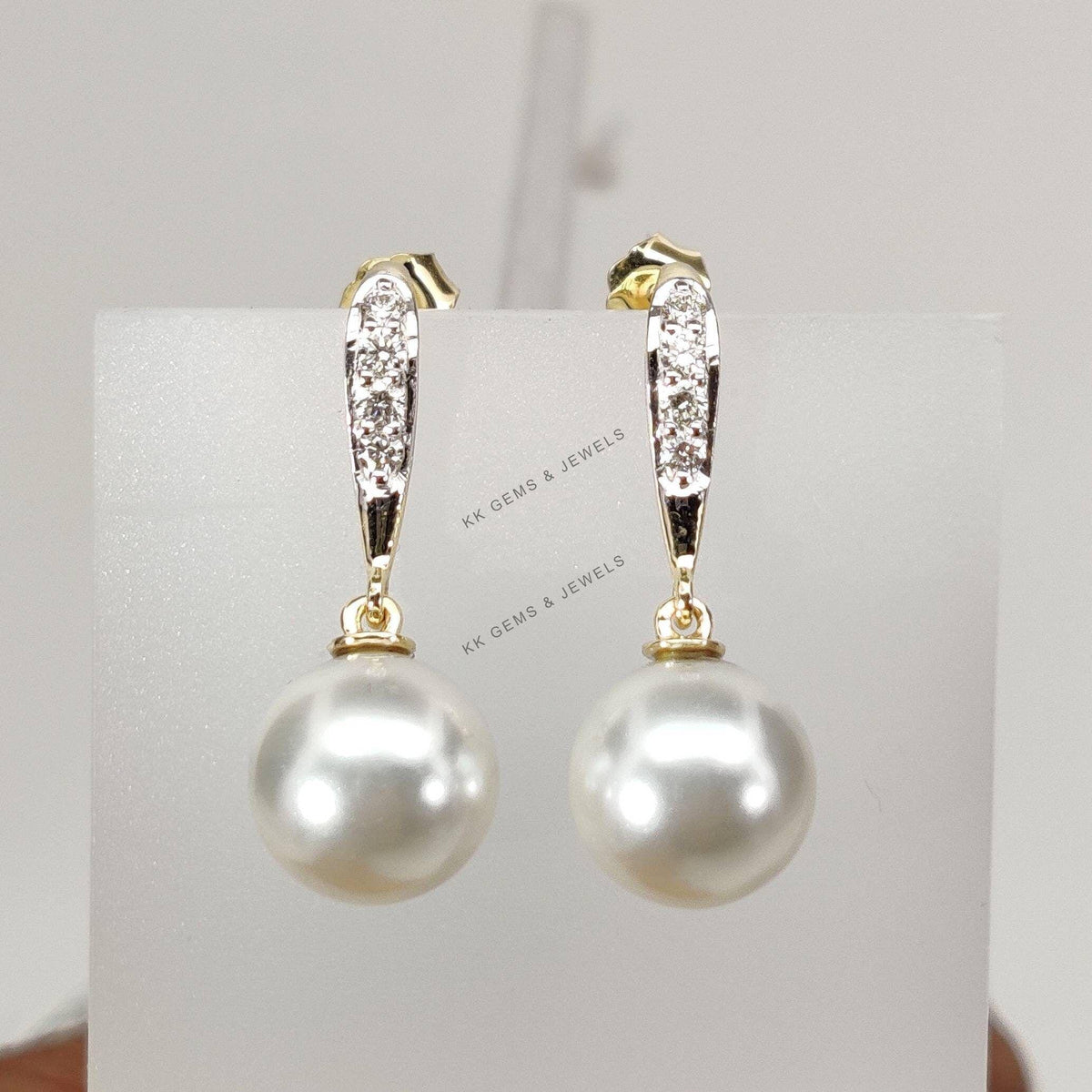 14K Solid Gold Natural Pearl & Diamond Drop Earrings, June Birthstone