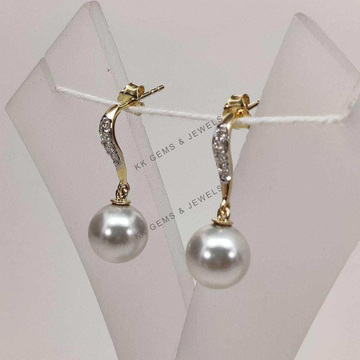 14K Solid Gold Natural Pearl & Diamond Drop Earrings, June Birthstone