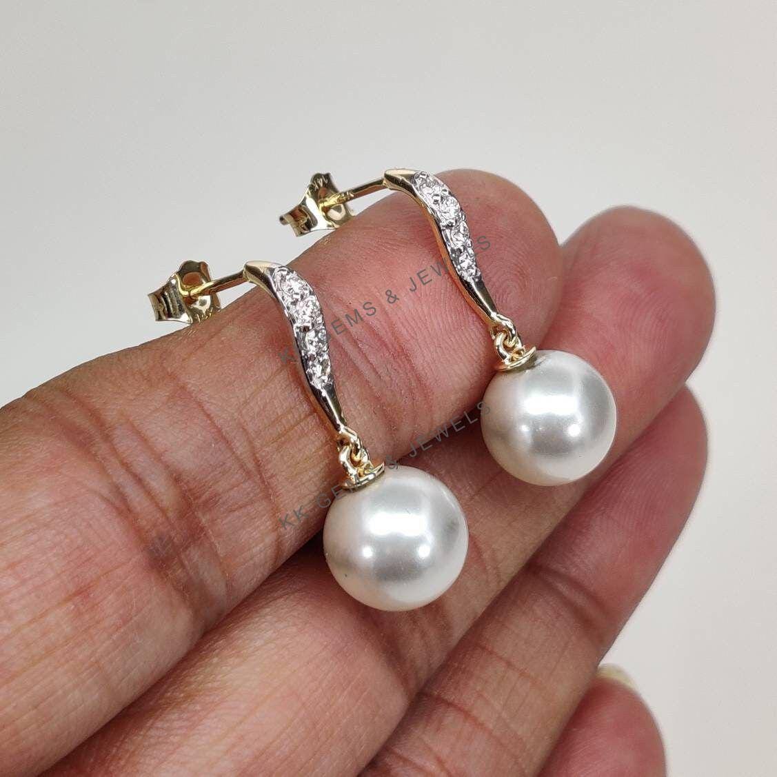 14K Solid Gold Natural Pearl & Diamond Drop Earrings, June Birthstone