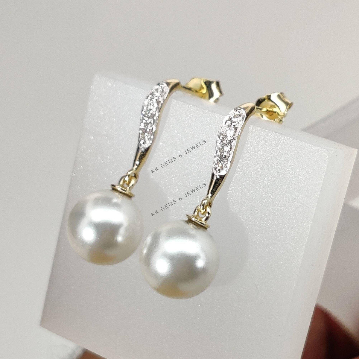 14K Solid Gold Natural Pearl & Diamond Drop Earrings, June Birthstone