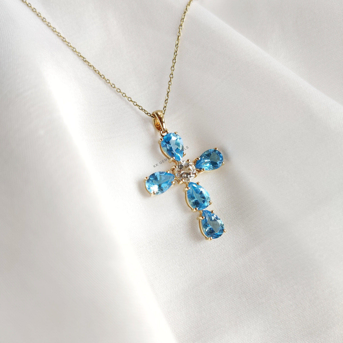 Natural Swiss Blue Topaz 14K Solid Yellow Gold Cross Pendant, December Birthstone Christmas Gift