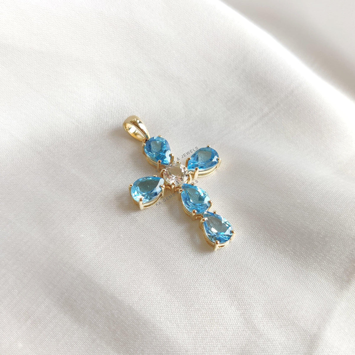 Natural Swiss Blue Topaz 14K Solid Yellow Gold Cross Pendant, December Birthstone Christmas Gift