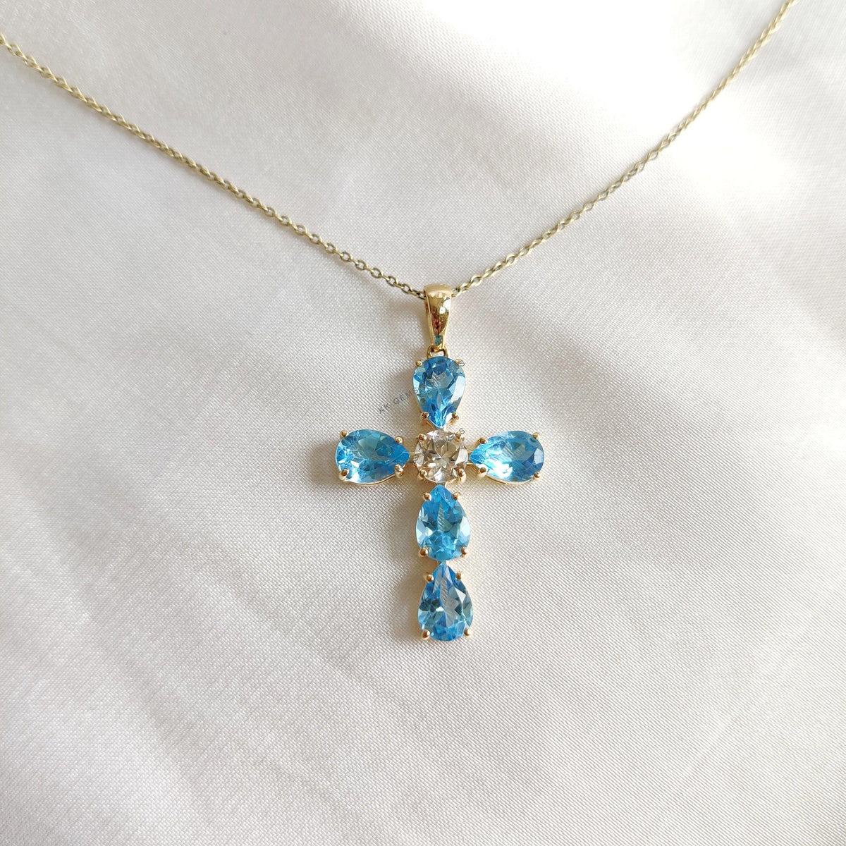 Natural Swiss Blue Topaz 14K Solid Yellow Gold Cross Pendant, December Birthstone Christmas Gift