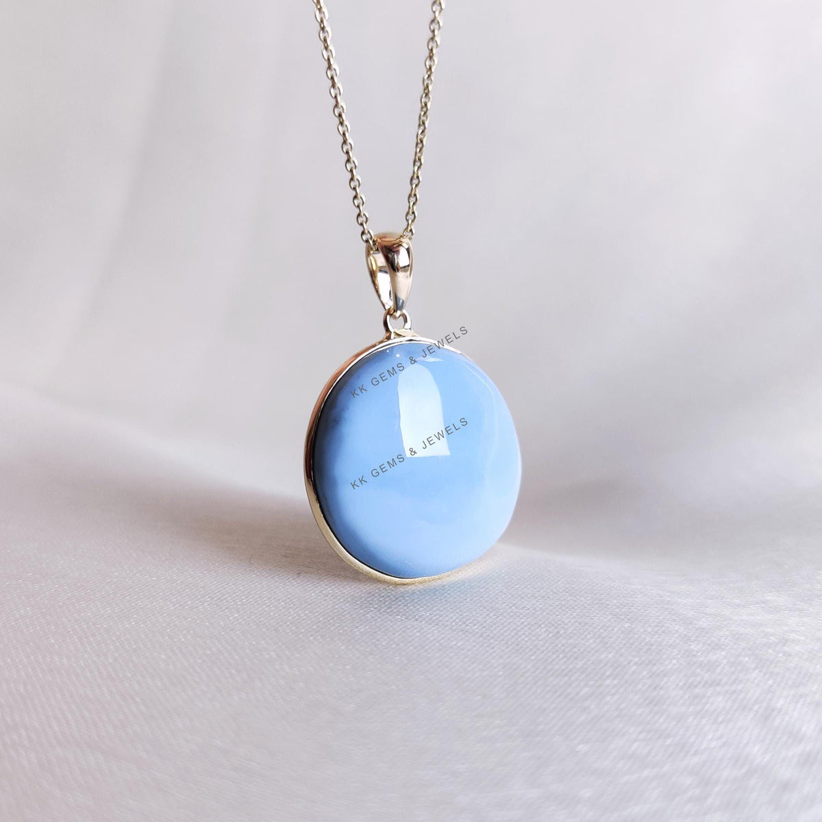 Natural Blue Opal Pendant, 14K Solid Yellow Gold Bezel Pendant, October Birthstone, Christmas Present