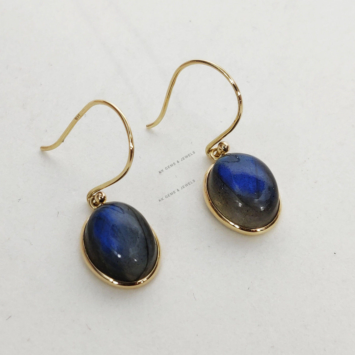 14K Solid Yellow Gold Natural Labradorite Drop Earrings: November Birthstone