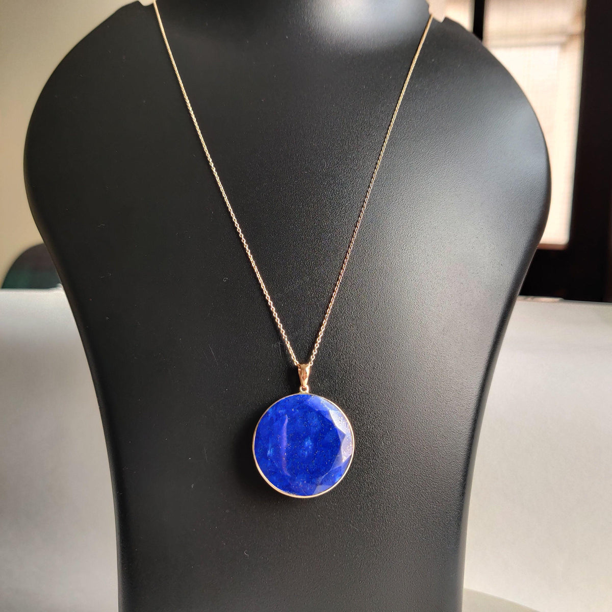 14K Solid Gold Natural Lapis Lazuli Pendant: Round Bezel Pendant, September Birthstone