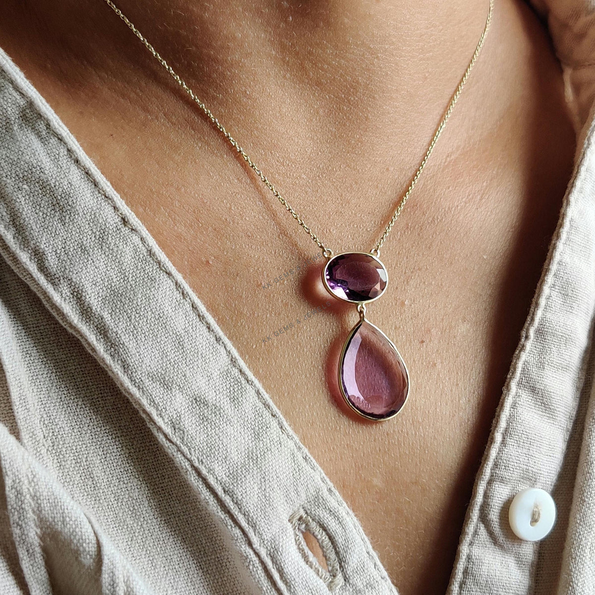 14K Solid Yellow Gold Natural Purple Amethyst Chain Necklace, February Birthstone
