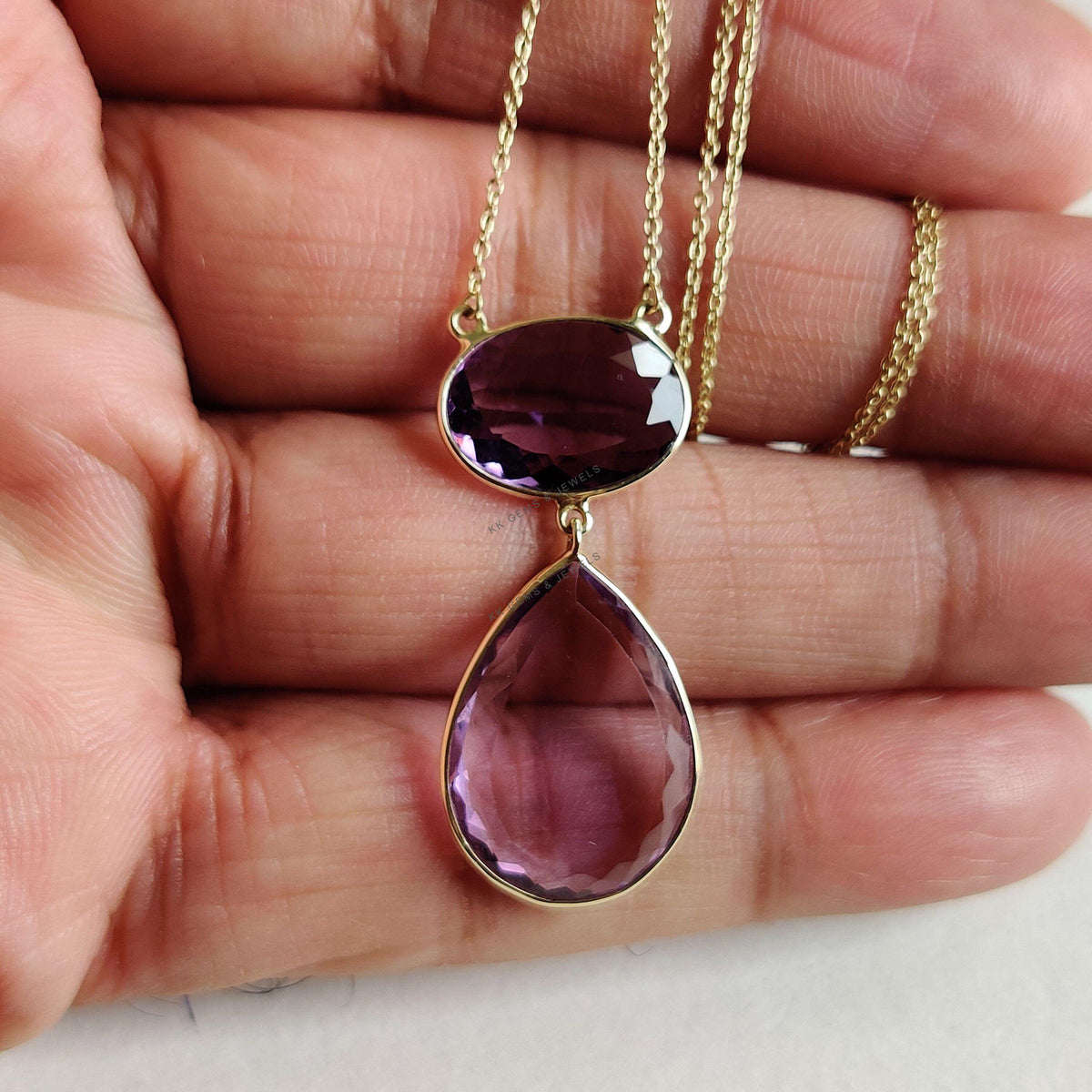 14K Solid Yellow Gold Natural Purple Amethyst Chain Necklace, February Birthstone