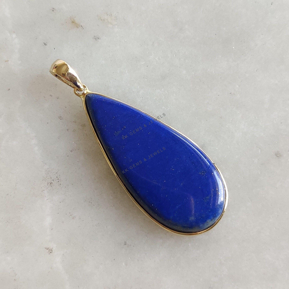 14K Solid Yellow Gold Natural Lapis Lazuli Pear Pendant, September Birthstone